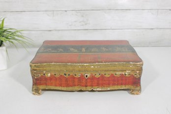 Vintage Italian Florentine Style Jewelry Box  Red & Gold Cherub Scene Hinged Box  11.5'