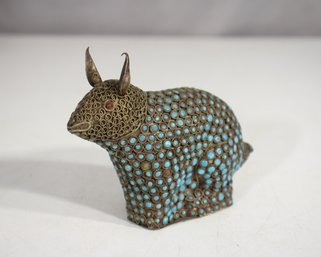 Antique Chinese Gilt Bronze & Turquoise-Inlaid Rabbit Figurine - 3