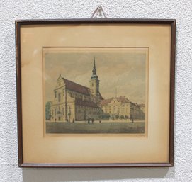 Pencil Signed Color Engraving Architectural City Scene  Framed  16' X 17'