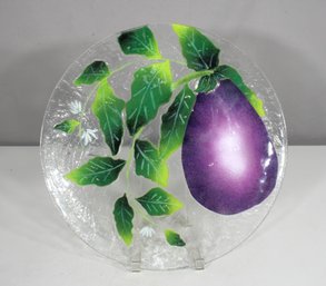 Vibrant 15' Round Hand-Painted Art Glass Platter  Eggplant & Leaf Motif
