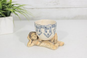 Signed Marilyn Andrews 2008 Folk Art Figural Pottery Cup Holder  Reclining Man  3.5'