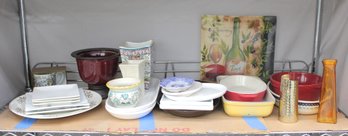 Large Mixed Kitchenware Shelf Lot  Bakeware, Plates, Serveware, Decor & More