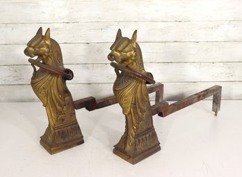 Pair Of Art Nouveau Cast Andirons 'The Chimerical Guardians'  14'H X 20'L