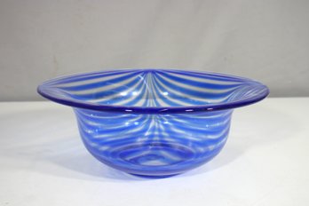 Stunning 10.5' Round Hand-Blown Blue & White Swirl Art Glass Bowl  4.5' Tall