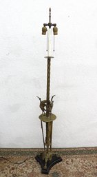 Antique Brass Floor Lamp With Dual Light Sockets & Ornate Crane Bird Motif Base