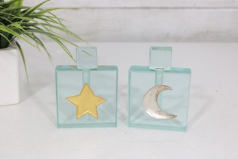 Pair Gold Leaf Star & Moon Glass Perfume Bottles  Aqua Frosted Vanity Dcor