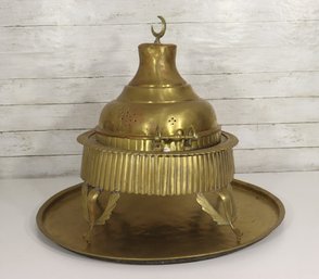 Antique Middle Eastern Brass Covered Serving Dish With Tray  22' Tall X 26' Round