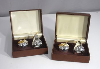 2 Boxed Sets Apple & Pear Salt & Pepper Shakers  Pewter With Gold Tone Fruit Design  Mid-Century Modern Style
