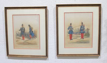 Pair Of Framed Military Uniform Prints  Hand-Colored Costume Scenes  25.5' X 21.5'