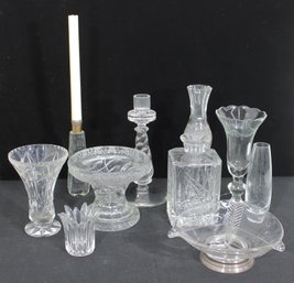 Vintage Cut Glass & Crystal Group Lot  Vases, Decanter, Candle Holders & Serving Pieces