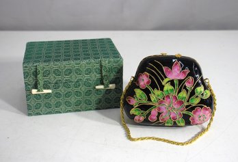 Antique Chinese Cloisonn Enamel Purse-Shaped Trinket Box With Lined Case  4