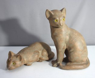 'Pair Of Collecta Pottery Cat Figurines - 13'' And 5'' Tall'