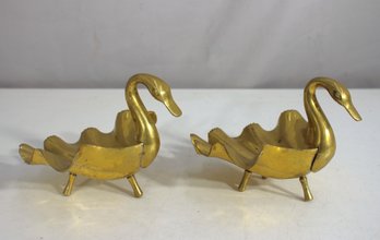 Pair Of Vintage Solid Brass Swan-Shaped Trinket Dishes  5'H X 6'W