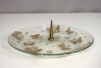 Vintage Georges Briard 9' Glass Tray With Gold Butterfly Design & Brass Handle