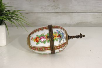 Antique Hand-Painted Porcelain Egg Box With Bronze Cherub Finial  8 Tall