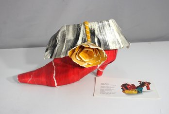 Ida Rak Signed Paper Sculpture  Red Shoe With Rose  2008 Handmade Art  6.5 X 12