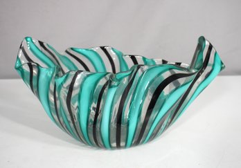 Striking 12' Hand-Blown Murano Art Glass Bowl  Ruffled Edge, Swirl Design