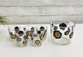 Vintage Mid-Century World Coin Glasses Set W/ Ice Bucket  Atomic Era Barware