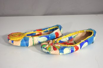Ida Rak Whimsical Handmade Paper Art Shoe Sculpture Pair  Colorful Collage Style  9.5' Long