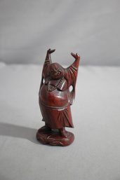 Vintage 5' Carved Wooden Laughing Buddha Statue With Inlaid Details
