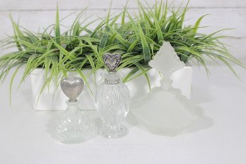 Lot Of 3 Vintage Glass Perfume Bottles  Heart Stoppers & Frosted Fan Design