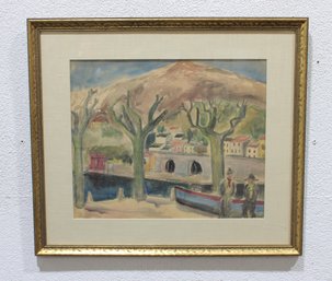 Original Watercolor Landscape  Riverside Village & Mountain Scene, Framed, 28.5' X 32'