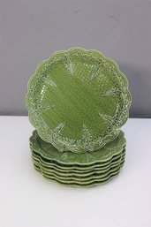 Group Of 8 Green Creamware Botanic And Mesh Dinner  Plates, Crafted In Portugal By DOA