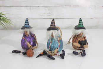 Whimsical Halloween Witch Gourd Ornaments  Glitter Figures W/ Spring Legs & Arms (Set Of 3)