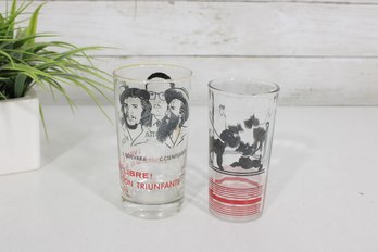 Lot Of 2 Vintage Political Souvenir Drinking Glasses Che Guevara Fidel Castro Cuba 5'