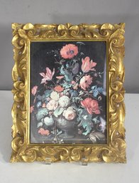 Antique 13 X 11 Floral Still Life Print In Ornate Gilded Frame  Baroque Style
