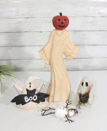 Whimsical Halloween Decor Lot  Pumpkin Head Figure, Ghosts & Snowman (4 Pcs)