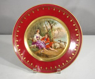 Antique 10.5 Austrian Porcelain Cabinet Plate  Hand-Painted Romantic Scene & Gilded Border