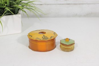 Lot Of 2 Vintage Art Deco Amber Glass Dresser / Trinket Boxes Vanity Powder Jar