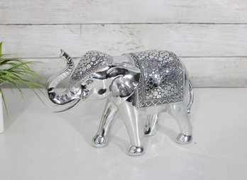 Decorative Silver Tone Elephant Figurine W/ Mirror Mosaic Inlay  7.5' Tall