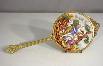 Antique Capodimonte Porcelain & Bronze Filigree Handheld Vanity Mirror  15' H
