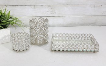 3-Pc Silver Tone Crystal Beaded Vanity Set  Tray & 2 Holders  Glam Decor