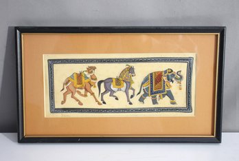 'Traditional Indian Miniature Painting: Elephant, Horse, And Camel Procession'