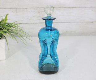 Vintage Blue Art Glass Perfume Bottle W/ Stopper  8.5 Tall  Hand Blown