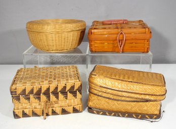 Set Of 4 Vintage Woven Baskets  Lidded & Decorative