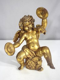 Gilded Cherub Statue  13.5 H  Baroque Putto With Cymbals