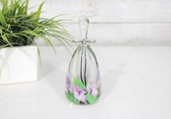 Signed Clear Art Glass Perfume Bottle W/ Purple Flowers  Hand Blown Floral Design