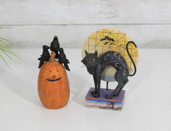 Halloween Decor Lot  Black Cat Figurine & Pumpkin Crow Accent (2 Pcs)