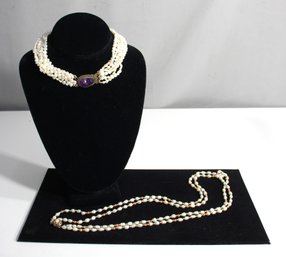 Sea Pearl Necklace With Amethyst Stone Centerpiece & Freshwater Pearl Pink Coral Necklace