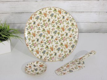 Vintage Floral China Serving Set  11.5' Plate, 4' Dish & 10.5' Server- Hand Painted