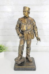 Signed Bronze Miner/Military Sculpture  Standing Figure On Marble Base, 25' H X 9' W (Pit Lamp Missing)