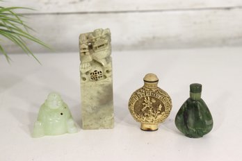 Lot Of 4 Chinese Carvings & Snuff Bottles  Jade Buddha, Soapstone Seal, Carved Bottle & Green Hardstone