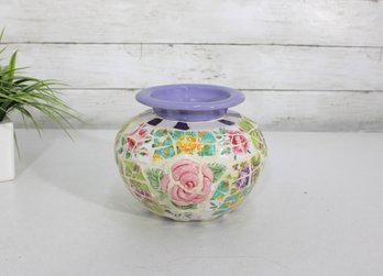 Decorative Mosaic Style Floral Vase  Purple Rim  5.5' Tall