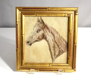 Framed Cross-Stitch Horse Portrait In Ornate Bamboo-Style Gold Frame