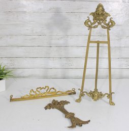 Antique Ornate Brass Easel & Decorative Hardware Lot  Cherub Motif, Ribbon Crest & Floral Mounts