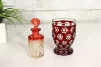 Pair Of Vintage Cranberry Glass Pieces  Cut-to-Clear Tumbler & Swirl Perfume Bottle  4.5' & 5'